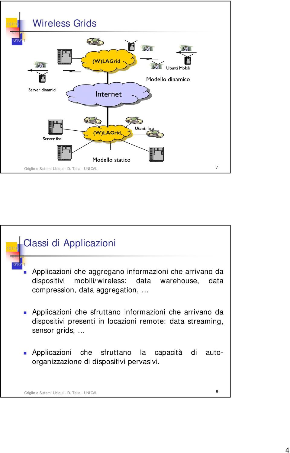 Talia - UNICAL 7 Classi di Applicazioni Applicazioni che aggregano informazioni che arrivano da dispositivi mobili/wireless: data warehouse, data