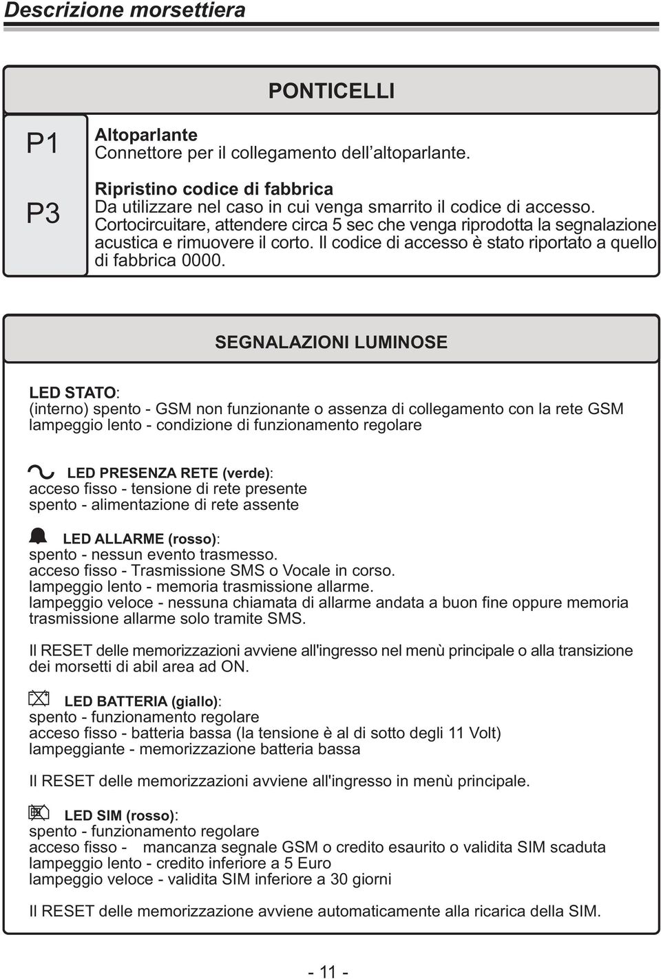 SEGNALAZIONI LUMINOSE LED STATO: (interno) spento - GSM non funzionante o assenza di collegamento con la rete GSM lampeggio lento - condizione di funzionamento regolare LED PRESENZA RETE (verde):