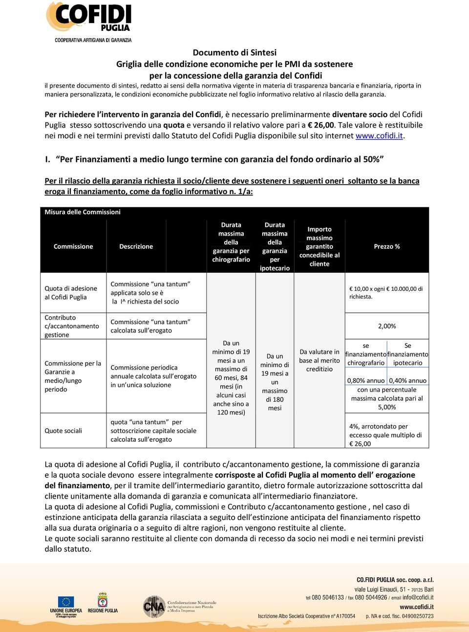 Per richiedere l intervento in del Confidi, è necessario preliminarmente diventare socio del Cofidi Puglia stesso sottoscrivendo a quota e versando il relativo valore pari a 26,00.