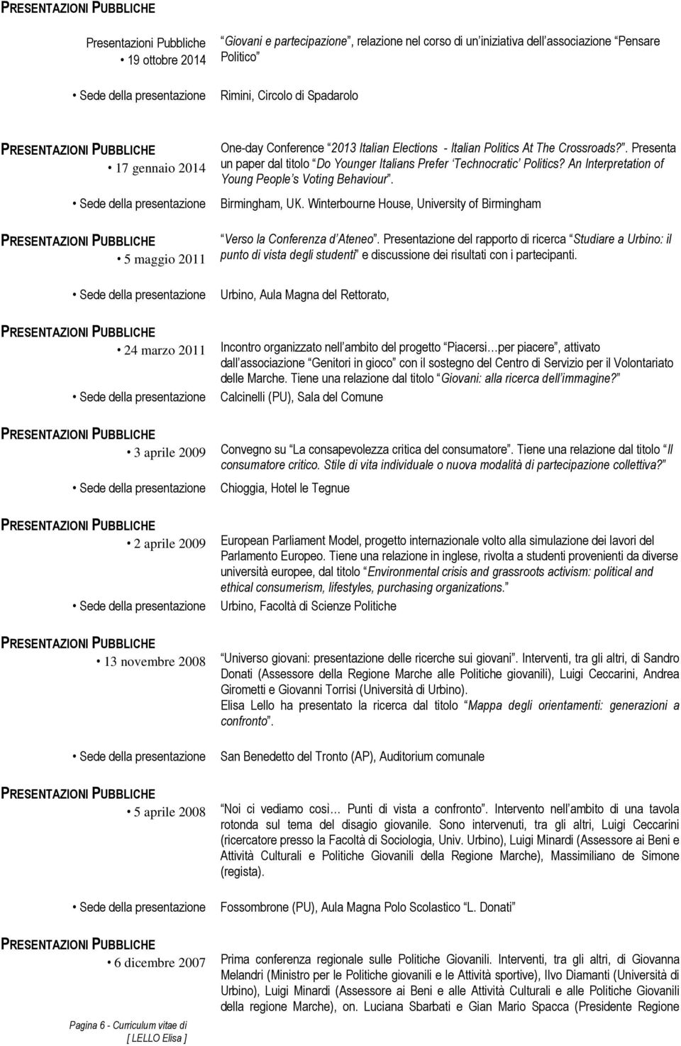 An Interpretation of Young People s Voting Behaviour. Birmingham, UK. Winterbourne House, University of Birmingham Verso la Conferenza d Ateneo.