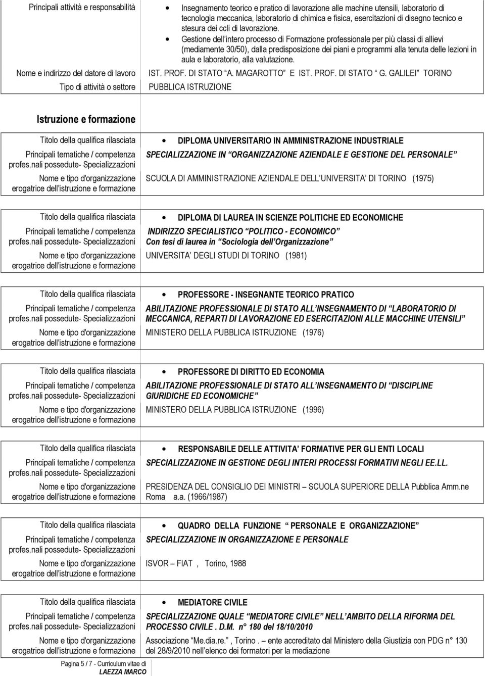 Gestione dell intero processo di Formazione professionale per più classi di allievi (mediamente 30/50), dalla predisposizione dei piani e programmi alla tenuta delle lezioni in aula e laboratorio,