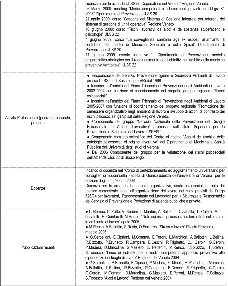 Rischi lavorativi da alcol e da sostanze stupefacenti e psicotrope ULSS 22 4 giugno 2009: corso La sorveglianza sanitaria agli ex esposti all amianto.