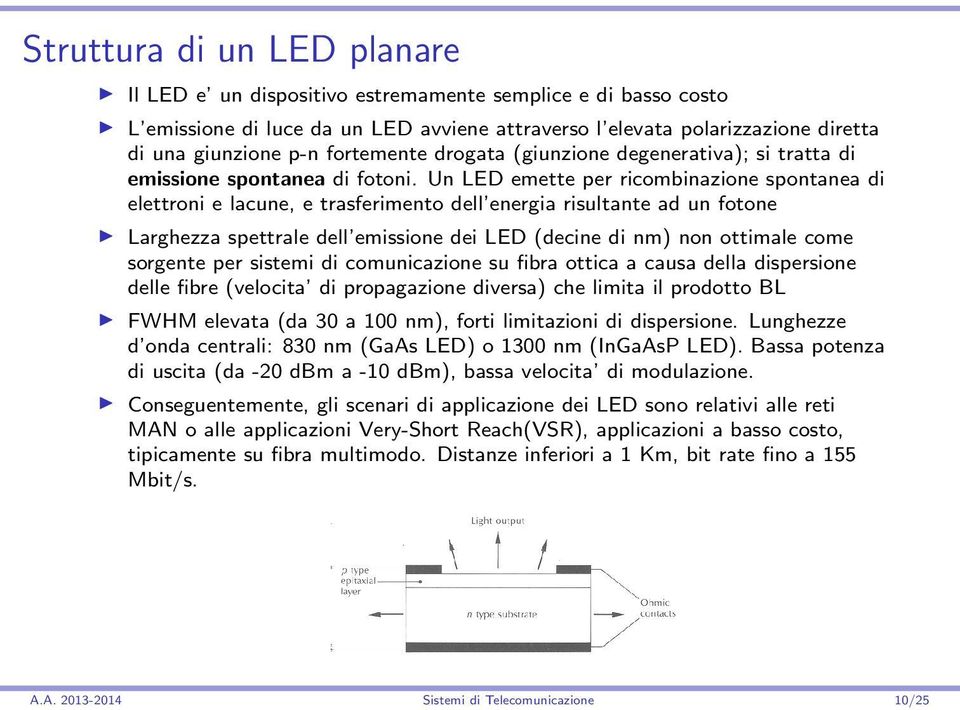 Un LED emette per ricombinazione spontanea di elettroni e lacune, e trasferimento dell energia risultante ad un fotone Larghezza spettrale dell emissione dei LED (decine di nm) non ottimale come