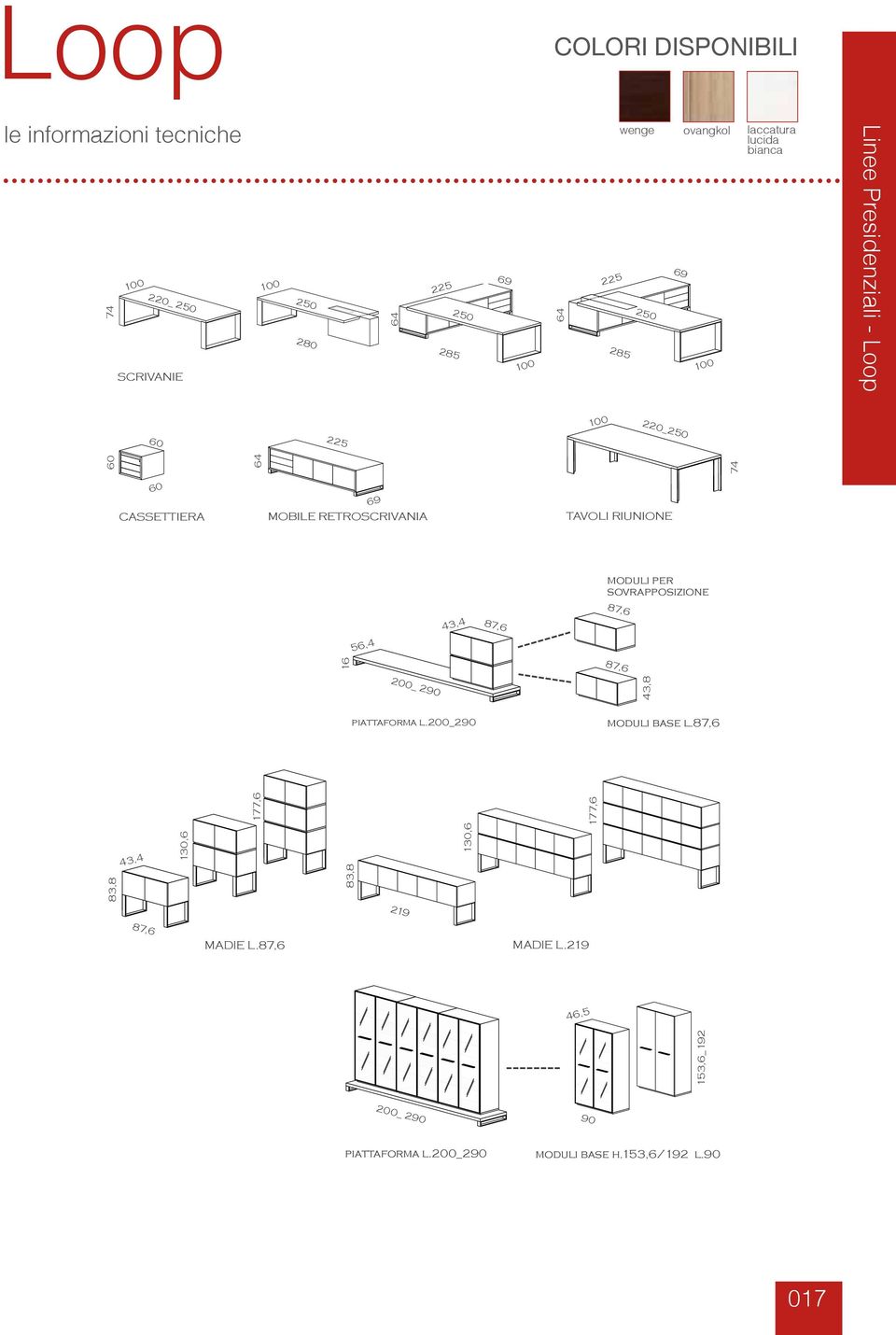 TAVOLI RIUNIONE moduli per sovrapposizione 43,4 87,6 87,6 56,4 87,6 200_ 290 piattaforma l.200_290 moduli base l.