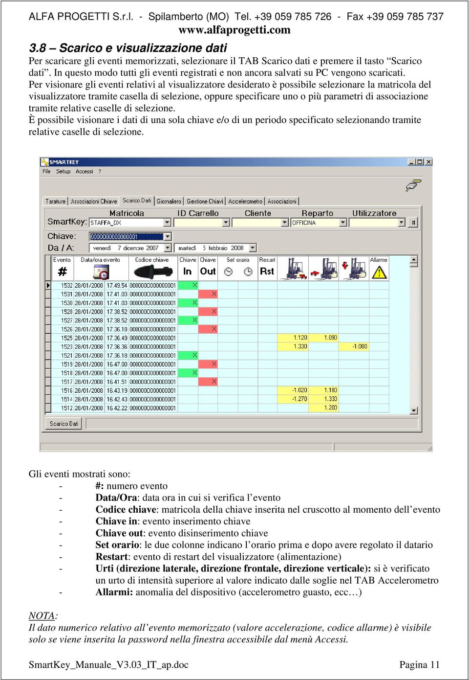 Per visionare gli eventi relativi al visualizzatore desiderato è possibile selezionare la matricola del visualizzatore tramite casella di selezione, oppure specificare uno o più parametri di