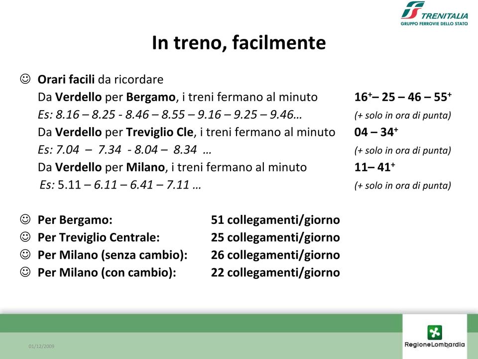34 (+ solo in ora di punta) Da Verdello per Milano, i treni fermano al minuto 11 41 + Es: 5.11 6.11 6.41 7.