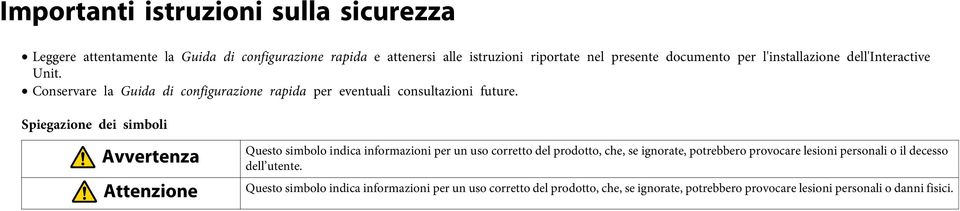 Spiegazione dei simboli Avvertenza Attenzione Questo simbolo indica informazioni per un uso corretto del prodotto, che, se ignorate, potrebbero provocare