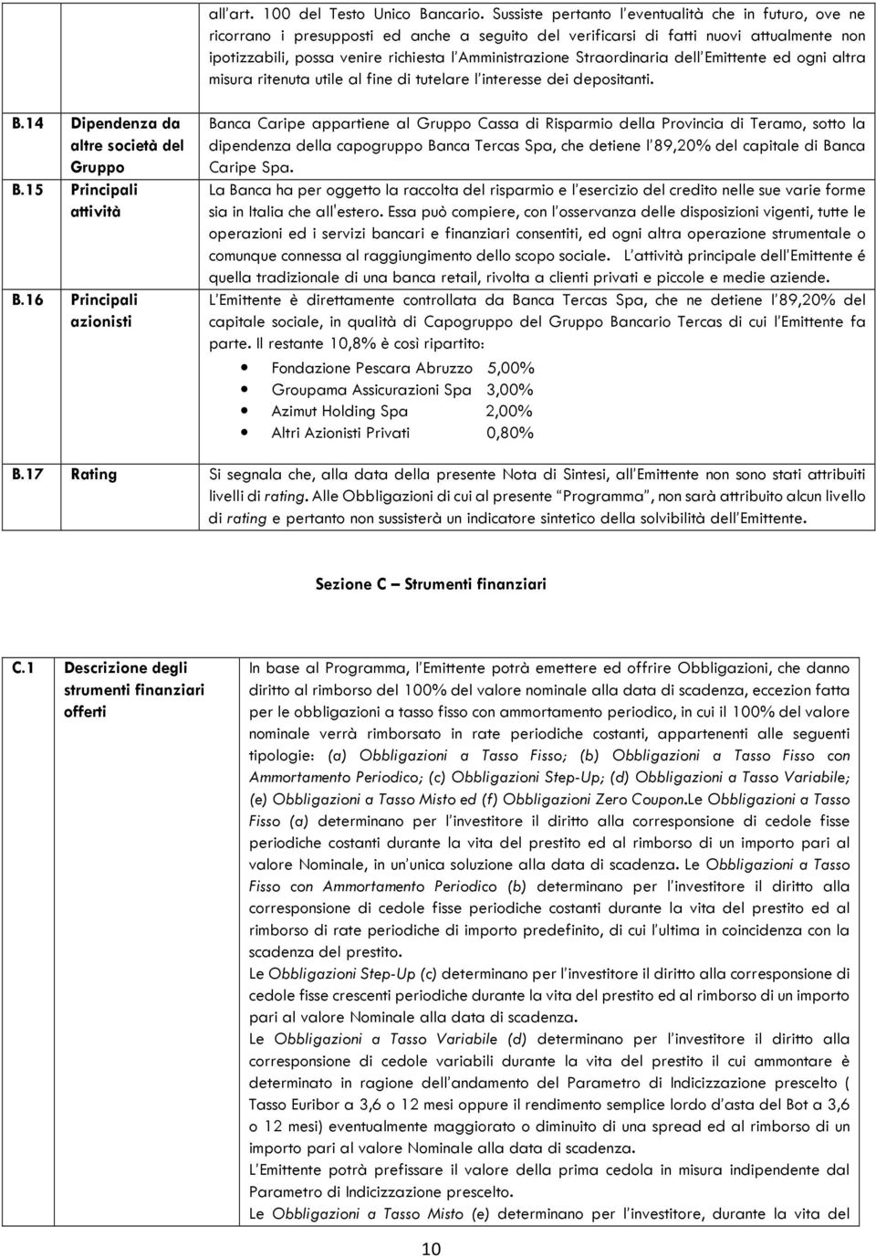 Straordinaria dell Emittente ed ogni altra misura ritenuta utile al fine di tutelare l interesse dei depositanti. B.14 Dipendenza da altre società del Gruppo B.15 Principali attività B.