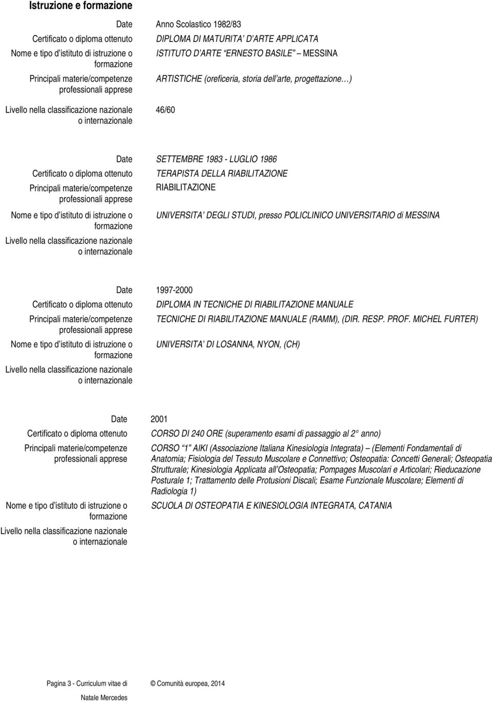 materie/competenze RIABILITAZIONE Nome e tipo d istituto di istruzione o UNIVERSITA DEGLI STUDI, presso POLICLINICO UNIVERSITARIO di MESSINA Date 1997-2000 Certificato o diploma ottenuto DIPLOMA IN