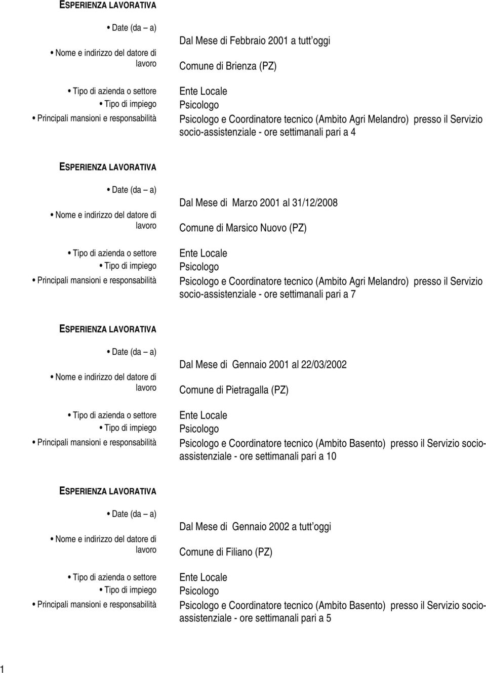 pari a 7 Dal Mese di Gennaio 2001 al 22/03/2002 Comune di Pietragalla (PZ) e Coordinatore tecnico (Ambito Basento) presso il Servizio socioassistenziale - ore settimanali