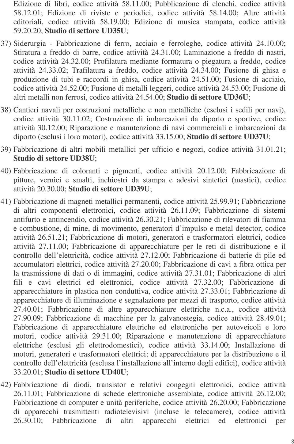 20; Studio di settore UD35U; 37) Siderurgia - Fabbricazione di ferro, acciaio e ferroleghe, codice attività 24.10.00; Stiratura a freddo di barre, codice attività 24.31.