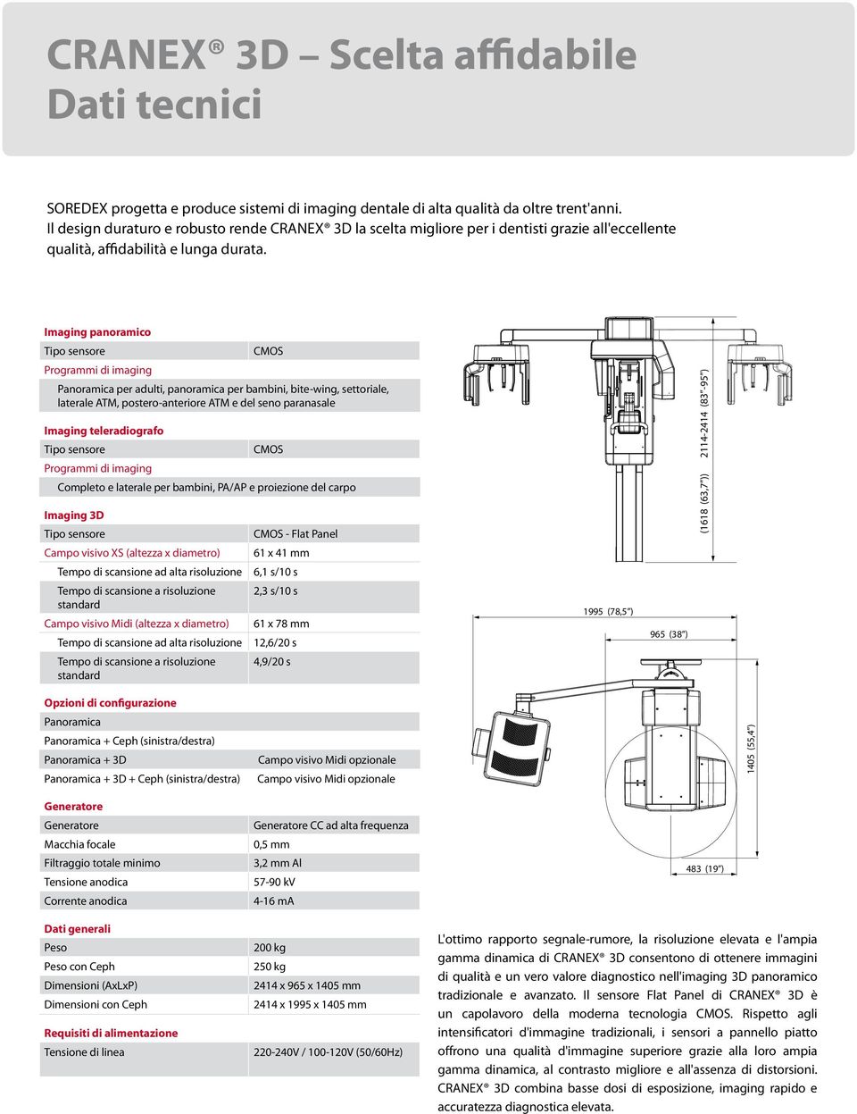 Imaging panoramico Tipo sensore CMOS Programmi di imaging Panoramica per adulti, panoramica per bambini, bite-wing, settoriale, laterale ATM, postero-anteriore ATM e del seno paranasale Imaging