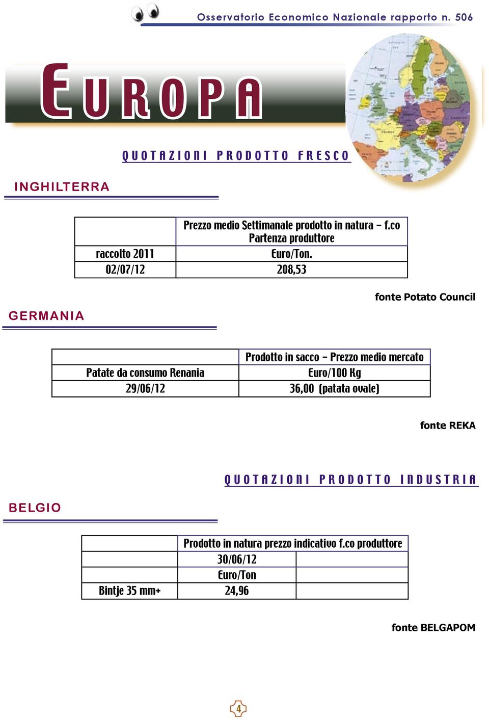 02/07/12 208,53 GERMANIA fonte Potato Council Prodotto in sacco - Prezzo medio mercato Patate da consumo Renania Euro/100 Kg
