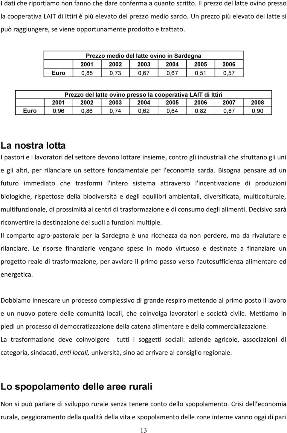 Prezzo medio del latte ovino in Sardegna 2001 2002 2003 2004 2005 2006 Euro 0,85 0,73 0,67 0,67 0,51 0,57 Prezzo del latte ovino presso la cooperativa LAIT di Ittiri 2001 2002 2003 2004 2005 2006