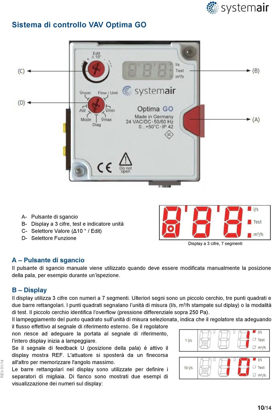 B Display Il display utilizza 3 cifre con numeri a 7 segmenti. Ulteriori segni sono un piccolo cerchio, tre punti quadrati e due barre rettangolari.