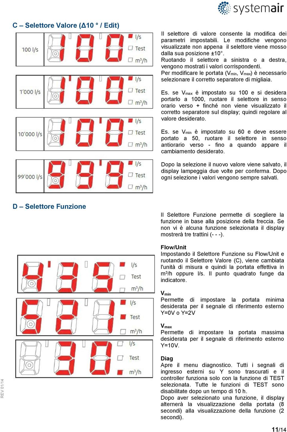 se Vmax è impostato su 100 e si desidera portarlo a 1000, ruotare il selettore in senso orario verso + finché non viene visualizzato il corretto separatore sul display; quindi regolare al valore