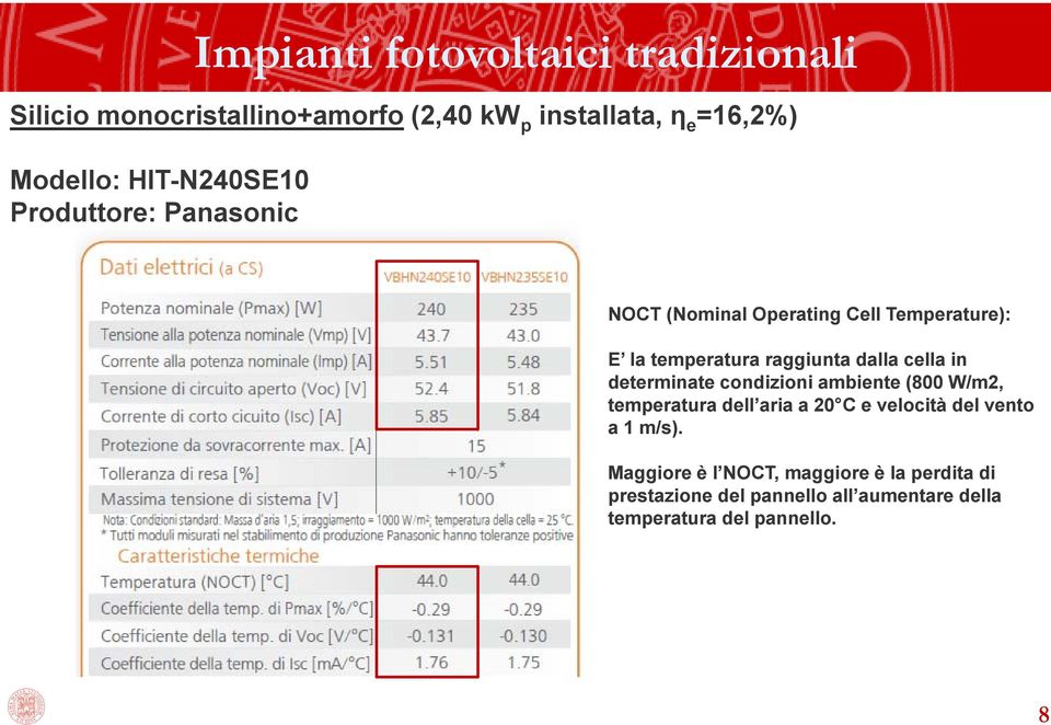 cella in determinate condizioni ambiente (800 W/m2, temperatura dell aria a 20 C e velocità del vento a 1 m/s).