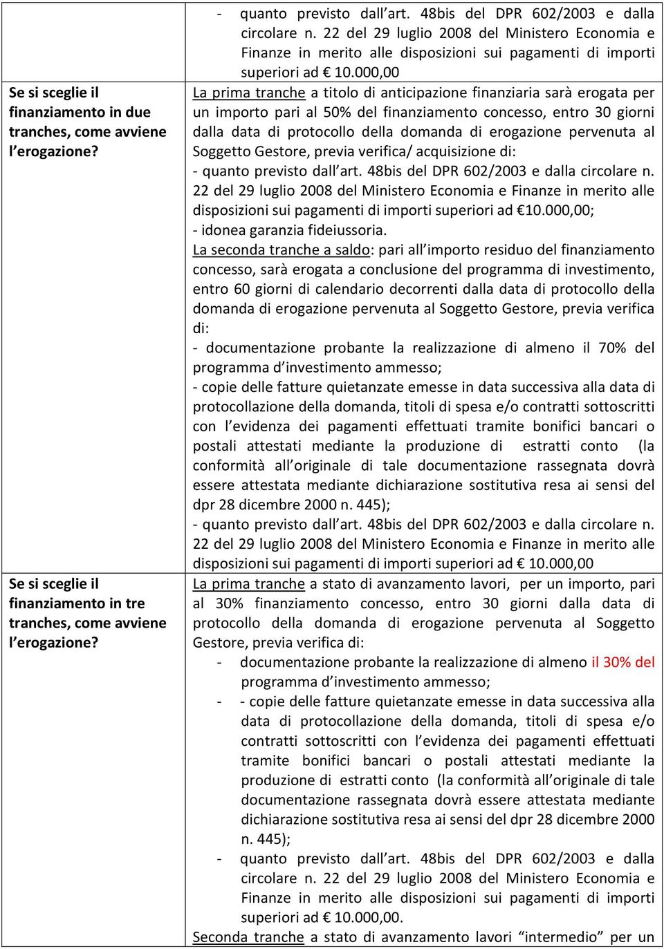 000,00 La prima tranche a titolo di anticipazione finanziaria sarà erogata per un importo pari al 50% del finanziamento concesso, entro 30 giorni dalla data di protocollo della domanda di erogazione