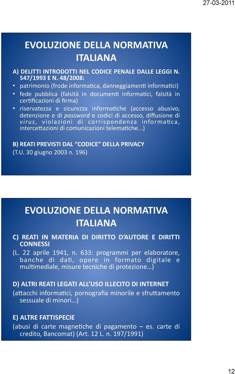 abusivo, detenzione e di password e codici di accesso, diffusione di virus, violazioni di corrispondenza informa'ca, interce3azioni di comunicazioni telema'che.