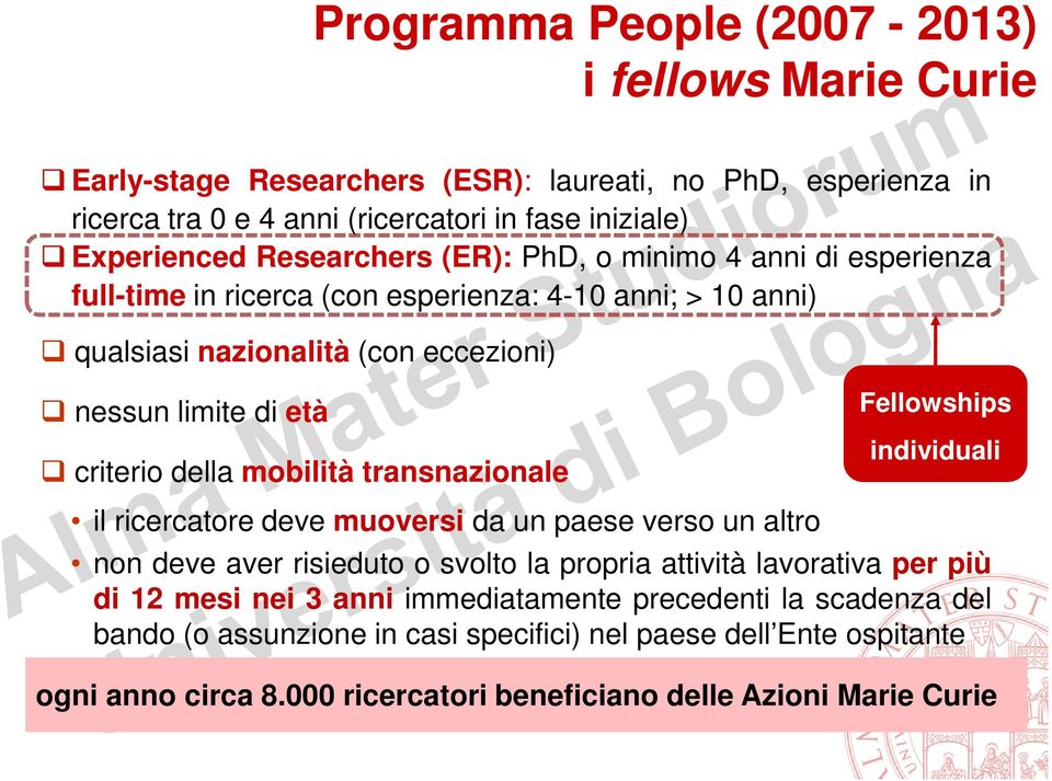 mobilità transnazionale Fellowships individuali il ricercatore deve muoversi da un paese verso un altro non deve aver risieduto o svolto la propria attività lavorativa per più di 12 mesi