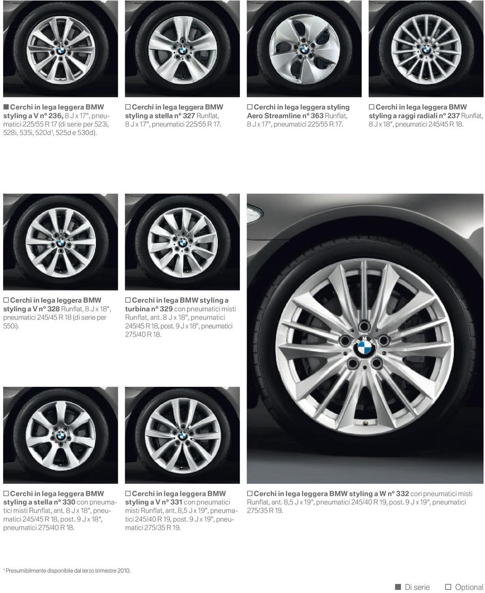 Cerchi in lega leggera BMW styling a V n Runflat, J x ", pneumatici / R (di serie per i). Cerchi in lega BMW styling a turbina n con pneumatici misti Runflat, ant. J x ", pneumatici / R, post.