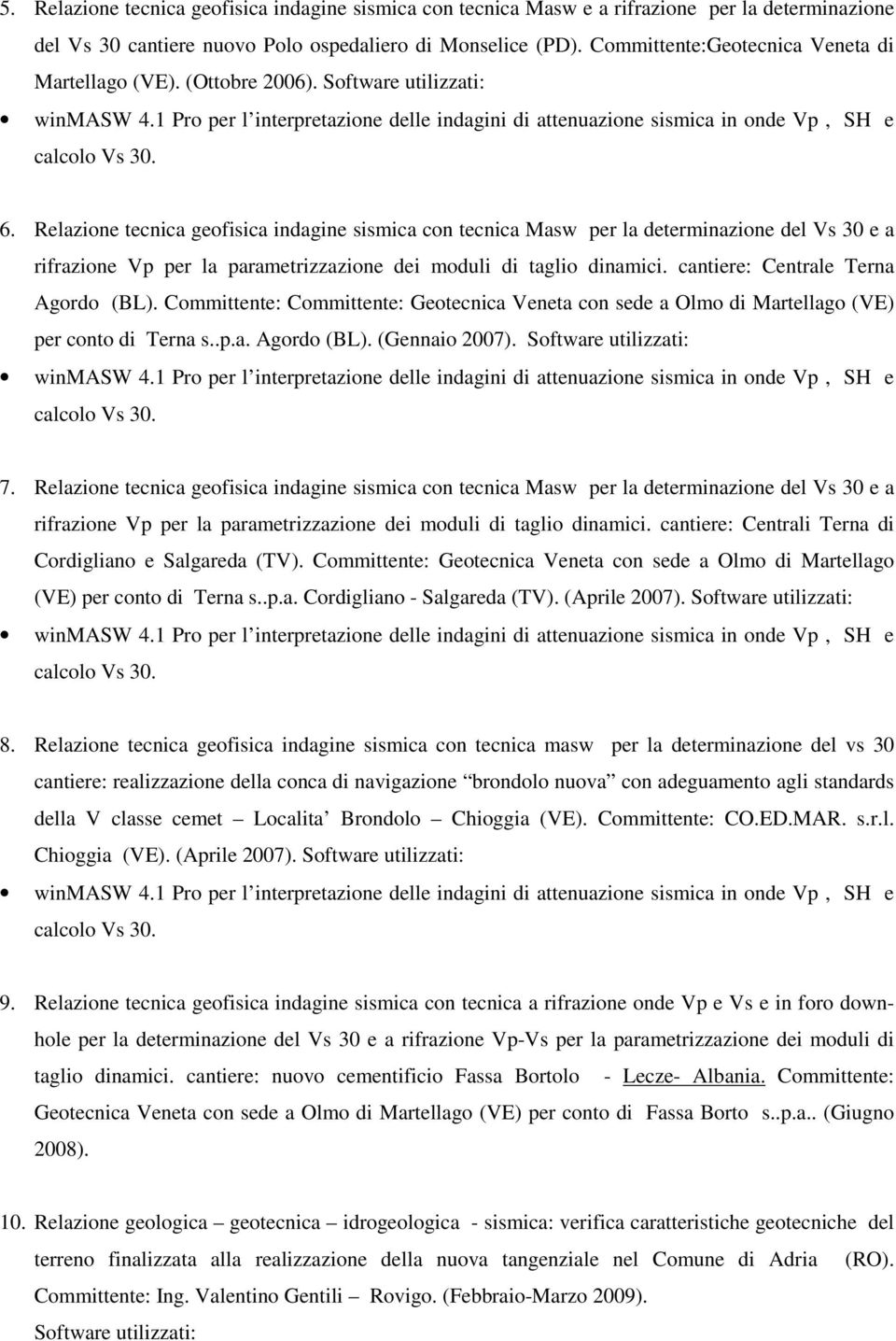 Relazione tecnica geofisica indagine sismica con tecnica Masw per la determinazione del Vs 30 e a rifrazione Vp per la parametrizzazione dei moduli di taglio dinamici.