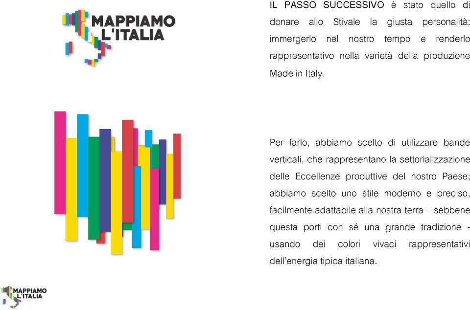 Per farlo, abbiamo scelto di utilizzare bande verticali, che rappresentano la settorializzazione delle Eccellenze produttive del