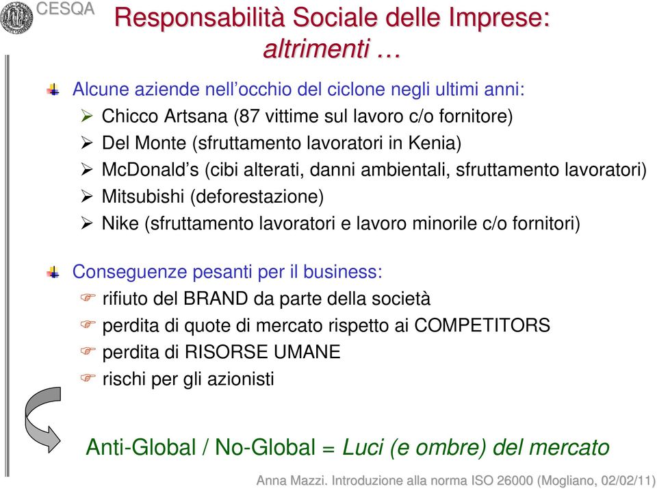 (deforestazione) Nike (sfruttamento lavoratori e lavoro minorile c/o fornitori) Conseguenze pesanti per il business: rifiuto del BRAND da parte della