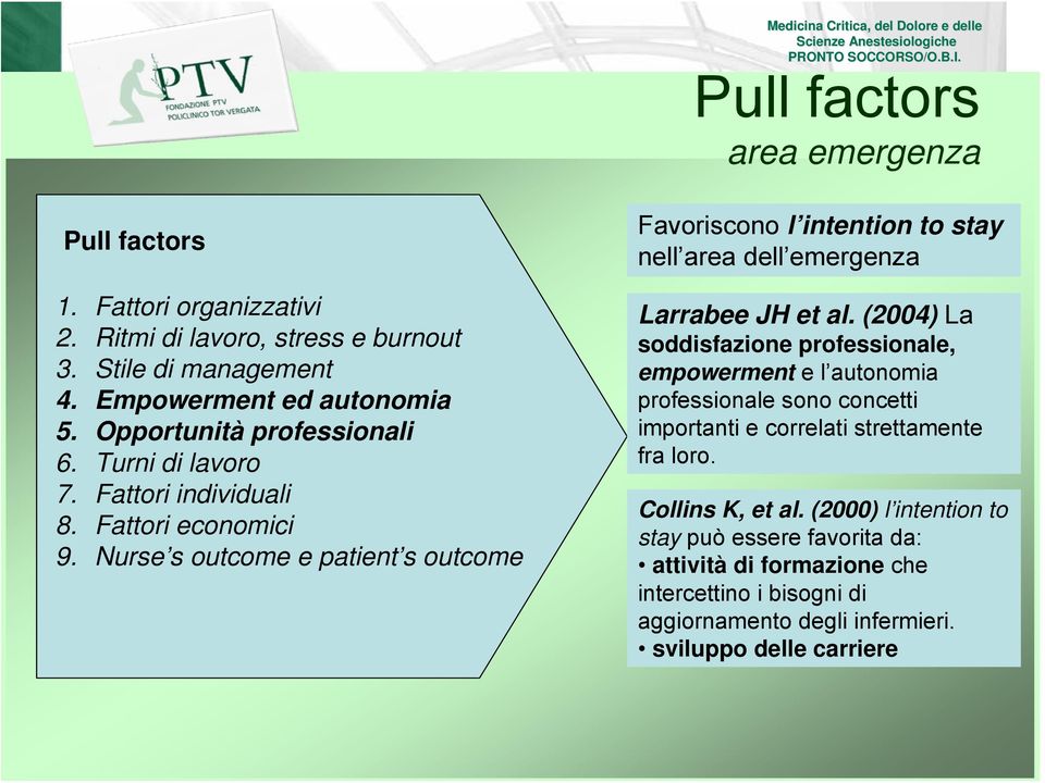 Nurse s outcome e patient s outcome Favoriscono l intention to stay nell area dell emergenza Larrabee JH et al.