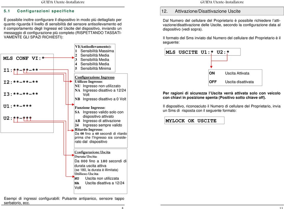 U1:**-*** U2:**-*** VI(Antisollevamento): 1 Sensibilità Massima 2 Sensibilità Media 3 Sensibilità Media 4 Sensibilità Media 5 Sensibilità Minima Configurazione Ingresso Utilizzo Ingresso: NU Ingresso