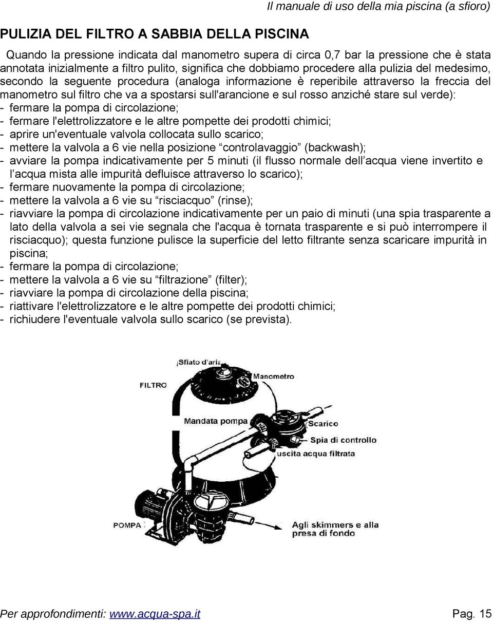 filtro che va a spostarsi sull'arancione e sul rosso anziché stare sul verde): - fermare la pompa di circolazione; - fermare l'elettrolizzatore e le altre pompette dei prodotti chimici; - aprire