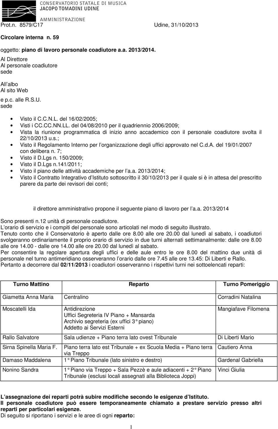 del 04/08/2010 per il quadriennio 2006/2009; Vista la riunione programmatica di inizio anno accademico con il personale coadiutore svolta il 22/10/2013 u.s.; Visto il Regolamento Interno per l organizzazione degli uffici approvato nel C.