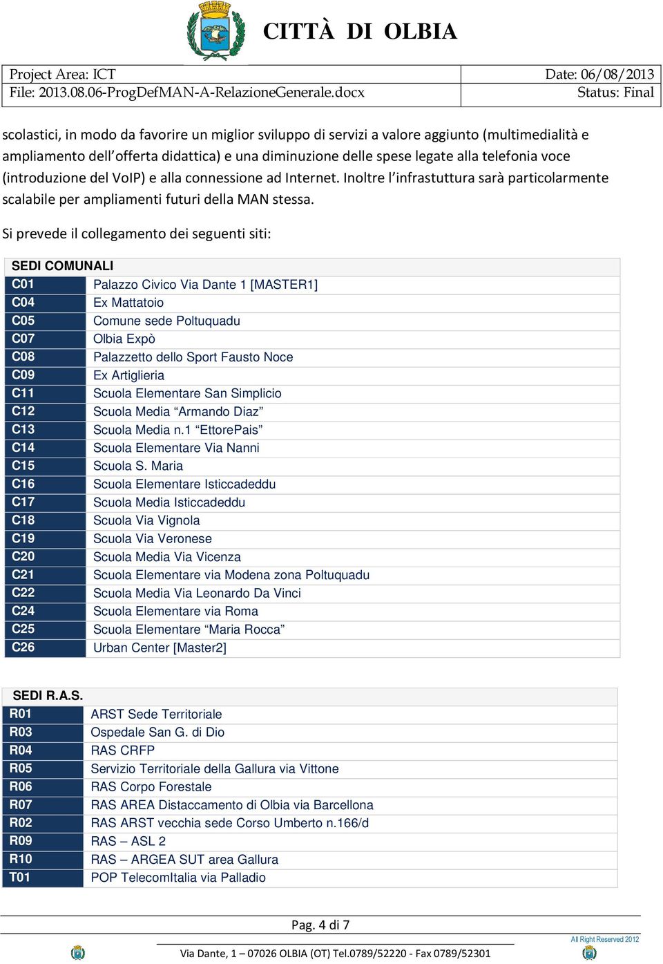 Si prevede il collegamento dei seguenti siti: SEDI COMUNALI C01 Palazzo Civico Via Dante 1 [MASTER1] C04 Ex Mattatoio C05 Comune sede Poltuquadu C07 Olbia Expò C08 Palazzetto dello Sport Fausto Noce