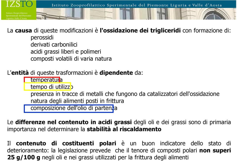 composizione dell'olio di partenza Le differenze nel contenuto in acidi grassi degli oli e dei grassi sono di primaria importanza nel determinare la stabilità al riscaldamento Il contenuto di