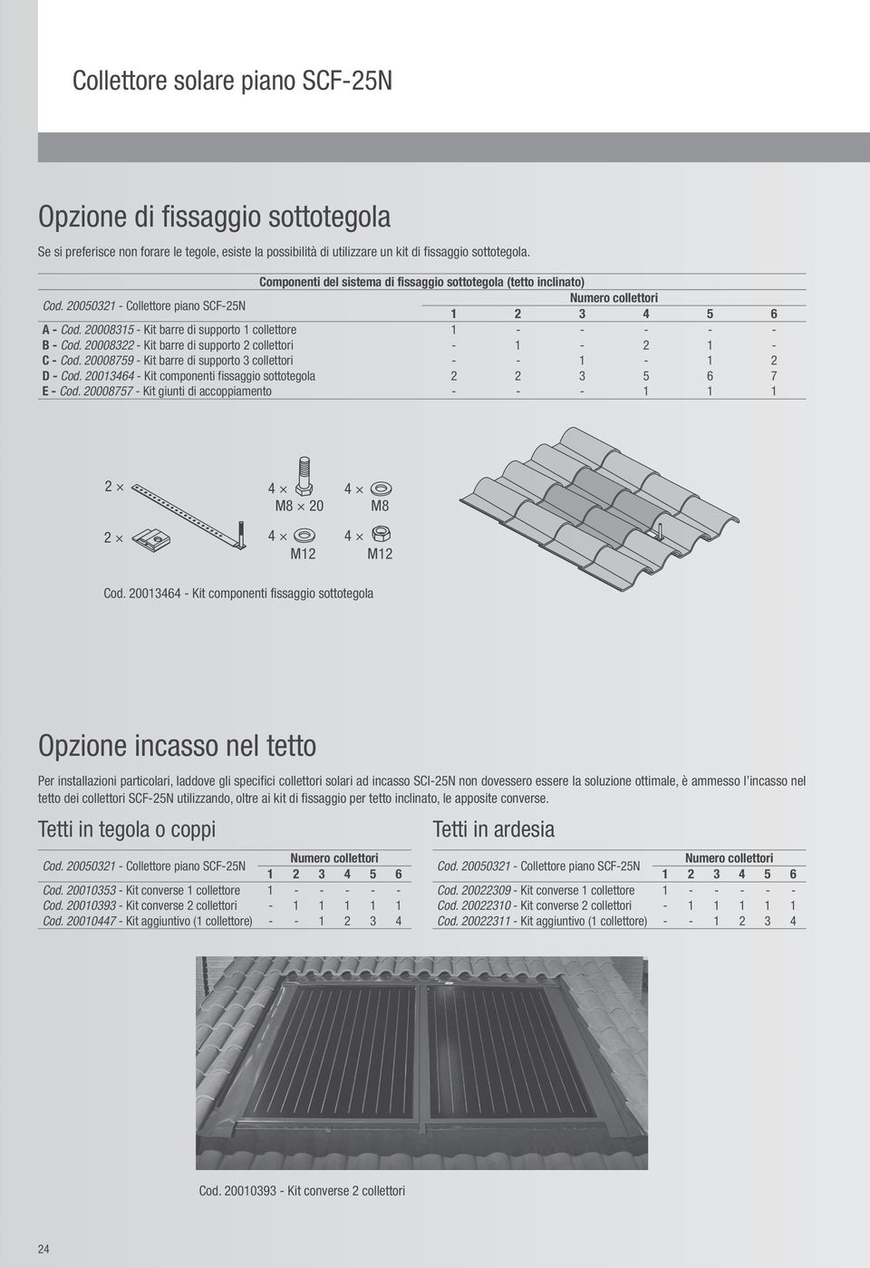 00083 Kit barre di supporto collettori C Cod. 0008759 Kit barre di supporto 3 collettori Cod. 0036 Kit componenti fissaggio sottotegola E Cod.