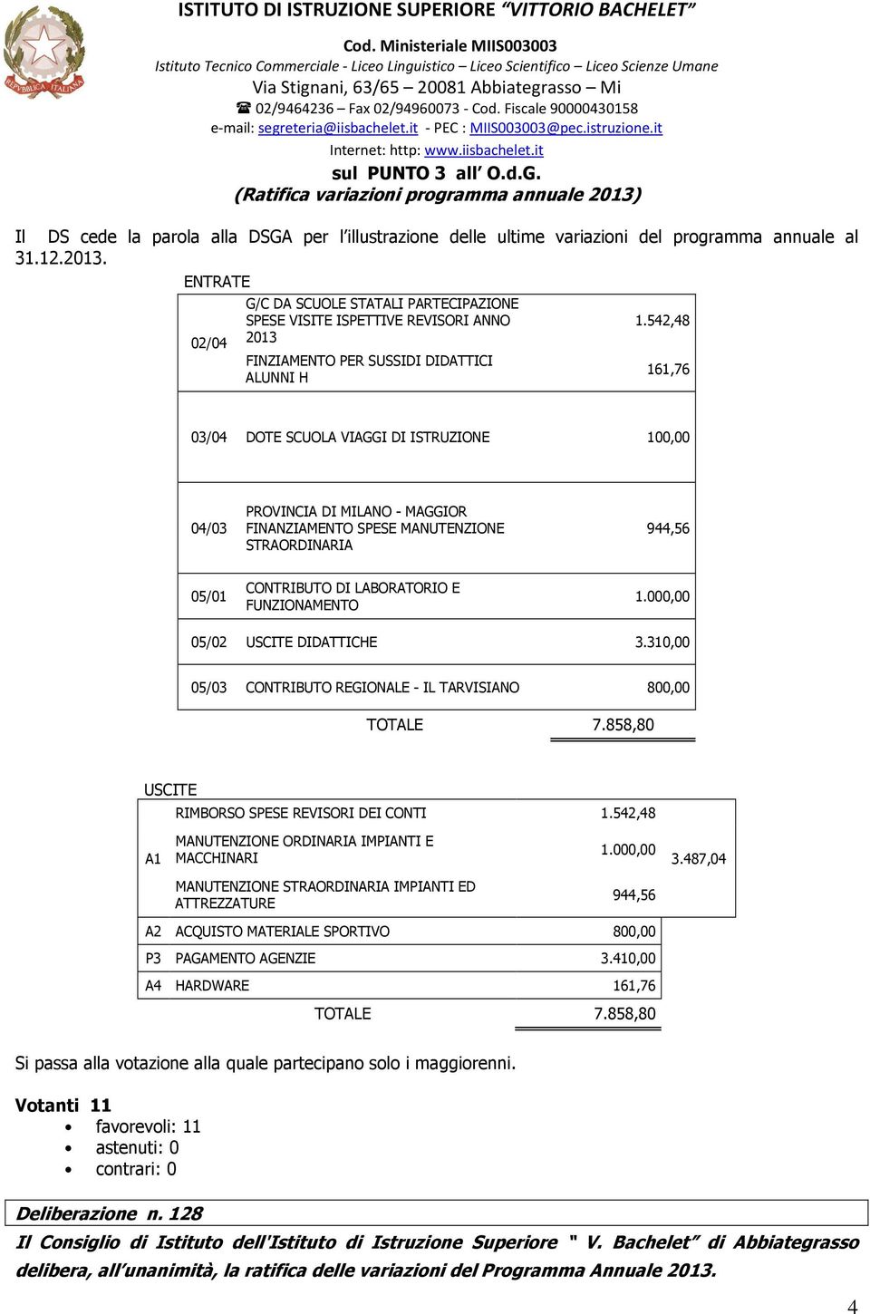 ENTRATE 02/04 G/C DA SCUOLE STATALI PARTECIPAZIONE SPESE VISITE ISPETTIVE REVISORI ANNO 2013 FINZIAMENTO PER SUSSIDI DIDATTICI ALUNNI H 1.