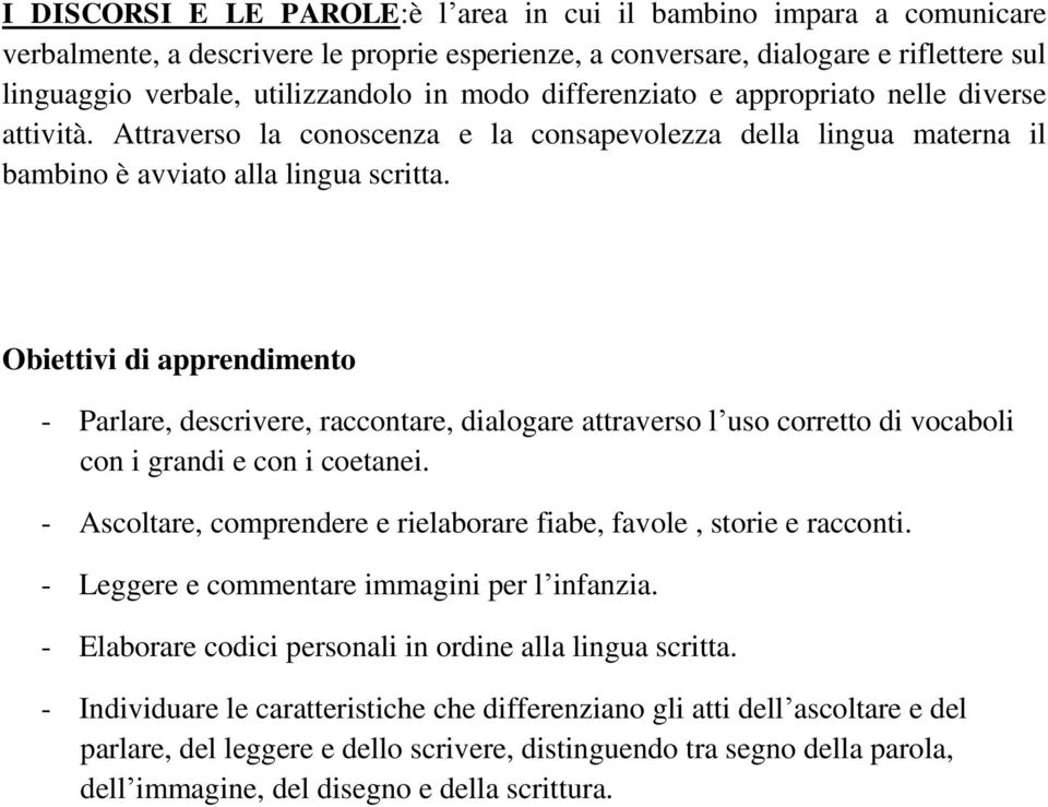 Obiettivi di apprendimento - Parlare, descrivere, raccontare, dialogare attraverso l uso corretto di vocaboli con i grandi e con i coetanei.