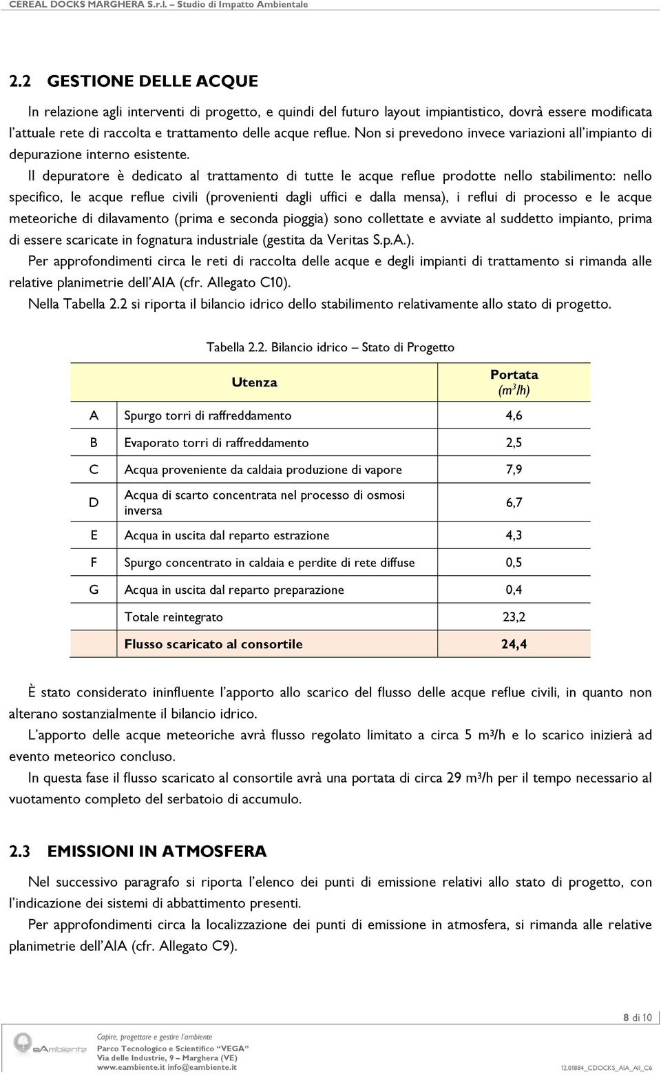 Non si prevedono invece variazioni all impianto di depurazione interno esistente.