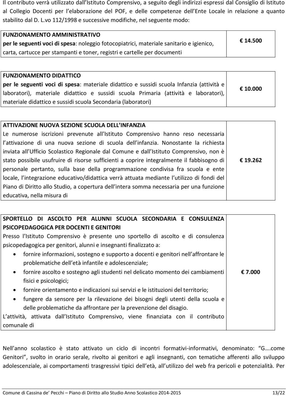 vo 112/1998 e successive modifiche, nel seguente modo: FUNZIONAMENTO AMMINISTRATIVO per le seguenti voci di spesa: noleggio fotocopiatrici, materiale sanitario e igienico, carta, cartucce per