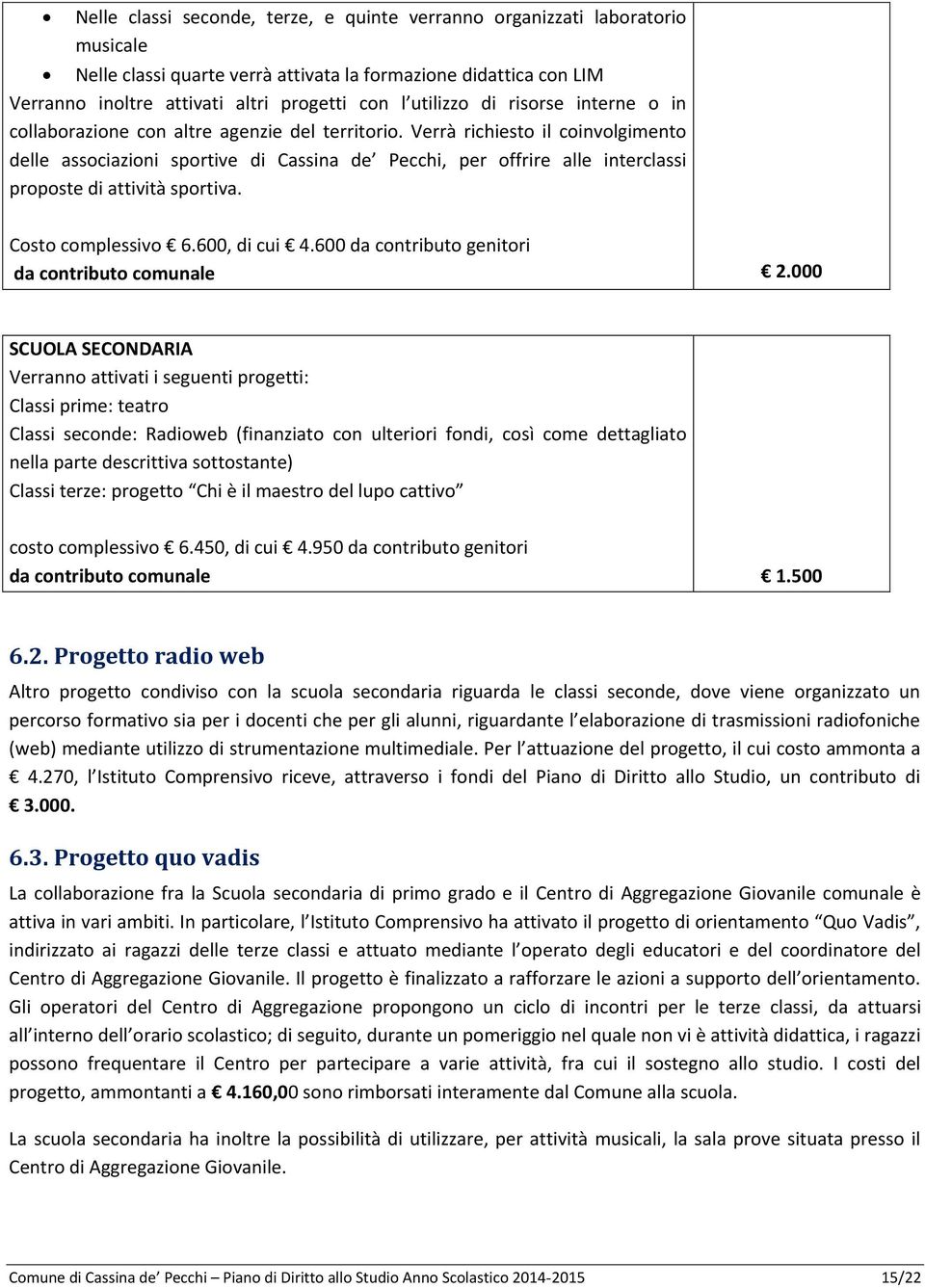 Verrà richiesto il coinvolgimento delle associazioni sportive di Cassina de Pecchi, per offrire alle interclassi proposte di attività sportiva. Costo complessivo 6.600, di cui 4.