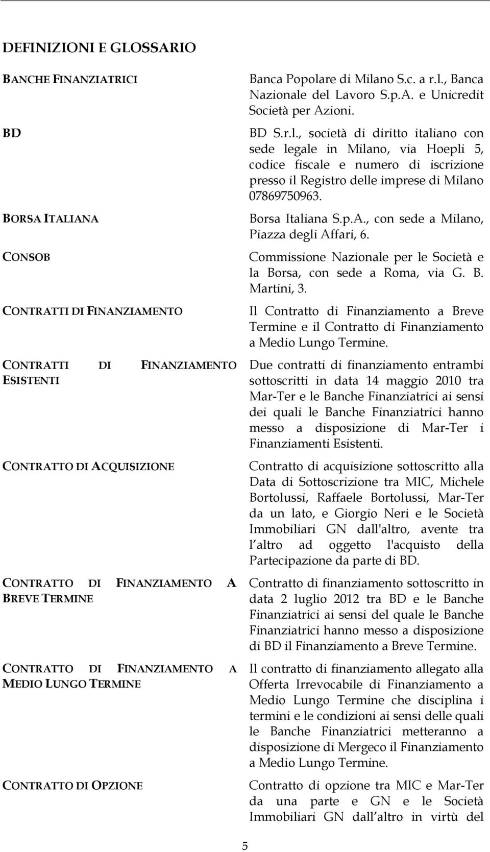 re di Milano S.c. a r.l., Banca Nazionale del Lavoro S.p.A. e Unicredit Società per Azioni. BD S.r.l., società di diritto italiano con sede legale in Milano, via Hoepli 5, codice fiscale e numero di iscrizione presso il Registro delle imprese di Milano 07869750963.