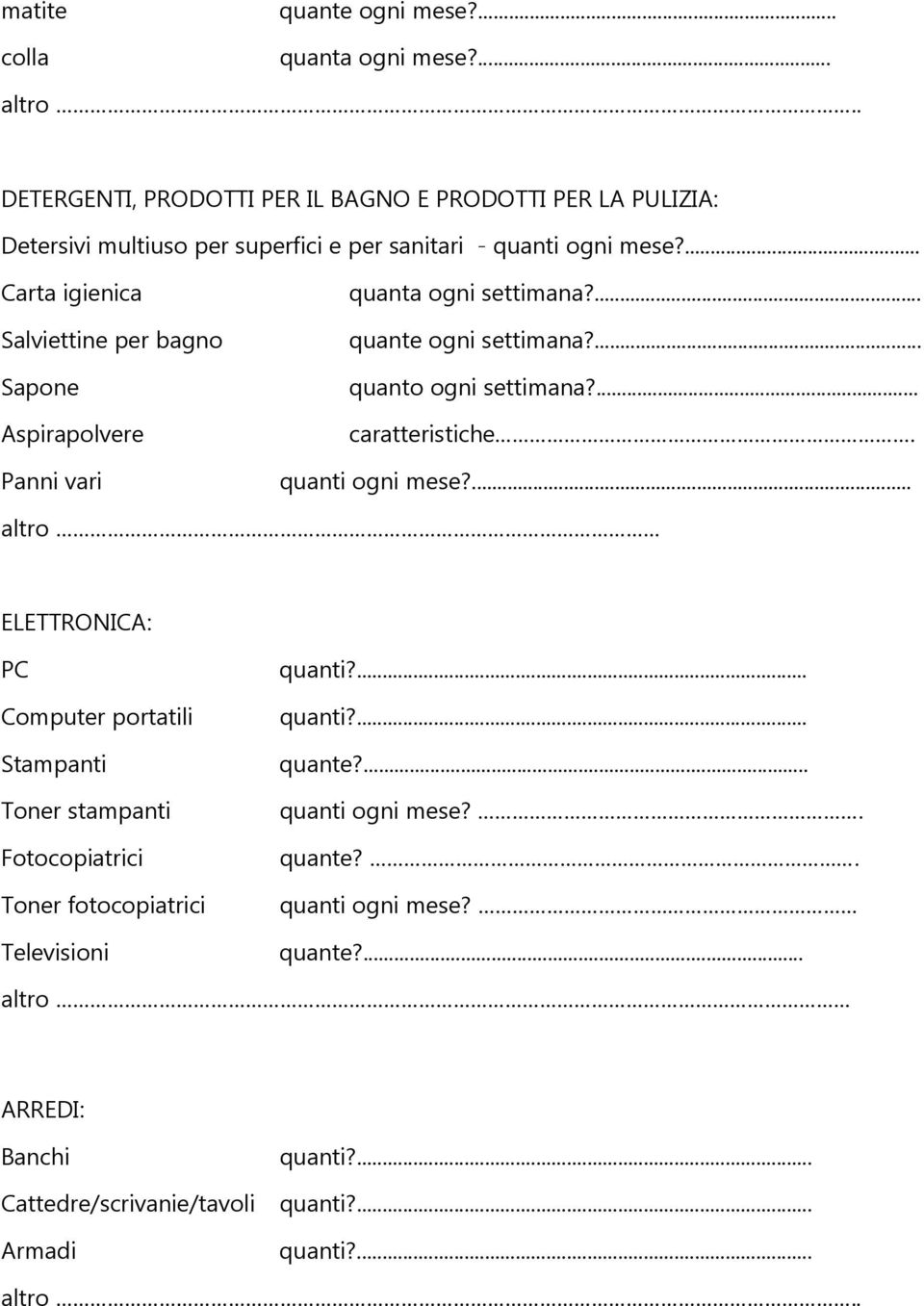 ... Carta igienica Salviettine per bagno Sapone Aspirapolvere Panni vari quanta ogni settimana?... quante ogni settimana?... quanto ogni settimana?... caratteristiche.