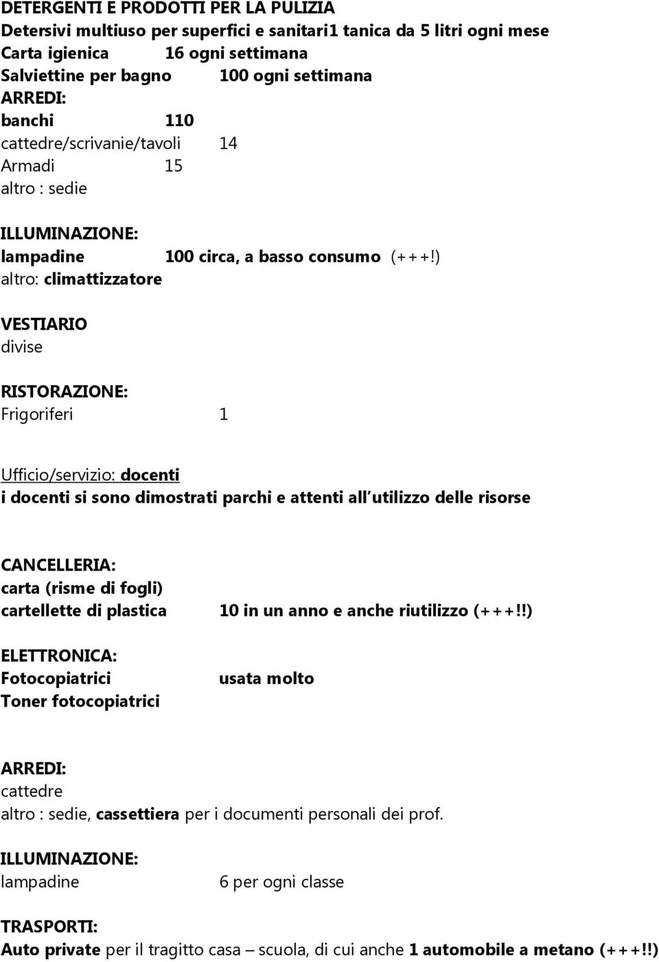 ) altro: climattizzatore VESTIARIO divise RISTORAZIONE: Frigoriferi 1 Ufficio/servizio: docenti i docenti si sono dimostrati parchi e attenti all utilizzo delle risorse CANCELLERIA: carta (risme di