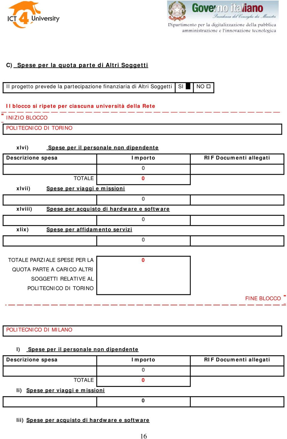 acquisto di hardware e software xlix) Spese per affidamento servizi TOTALE PARZIALE SPESE PER LA QUOTA PARTE A CARICO ALTRI SOGGETTI RELATIVE AL POLITECNICO DI TORINO FINE BLOCCO