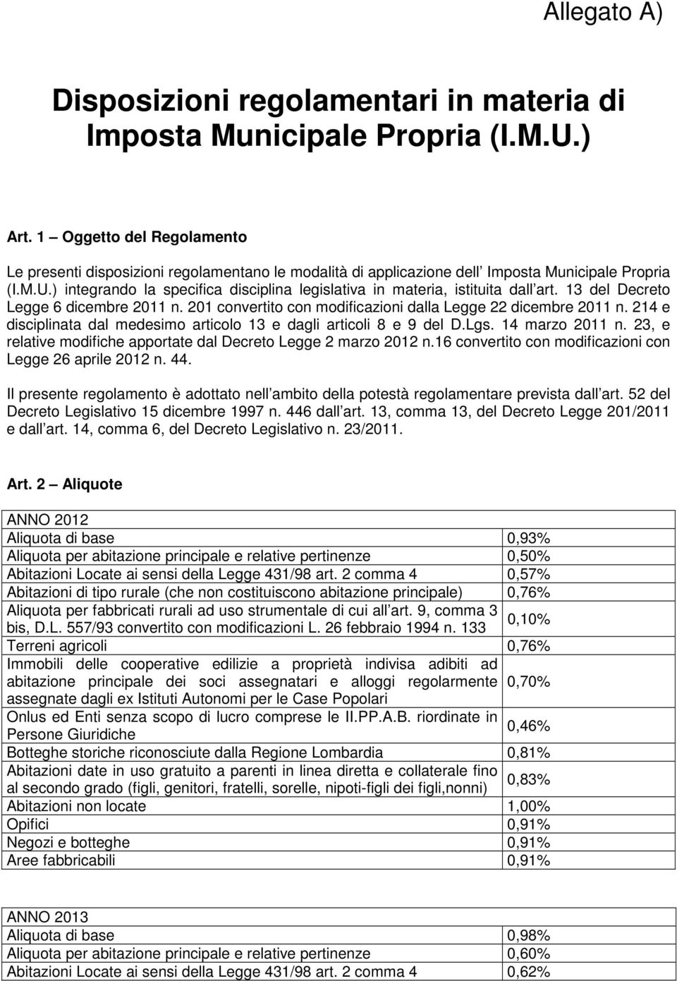 ) integrando la specifica disciplina legislativa in materia, istituita dall art. 13 del Decreto Legge 6 dicembre 2011 n. 201 convertito con modificazioni dalla Legge 22 dicembre 2011 n.