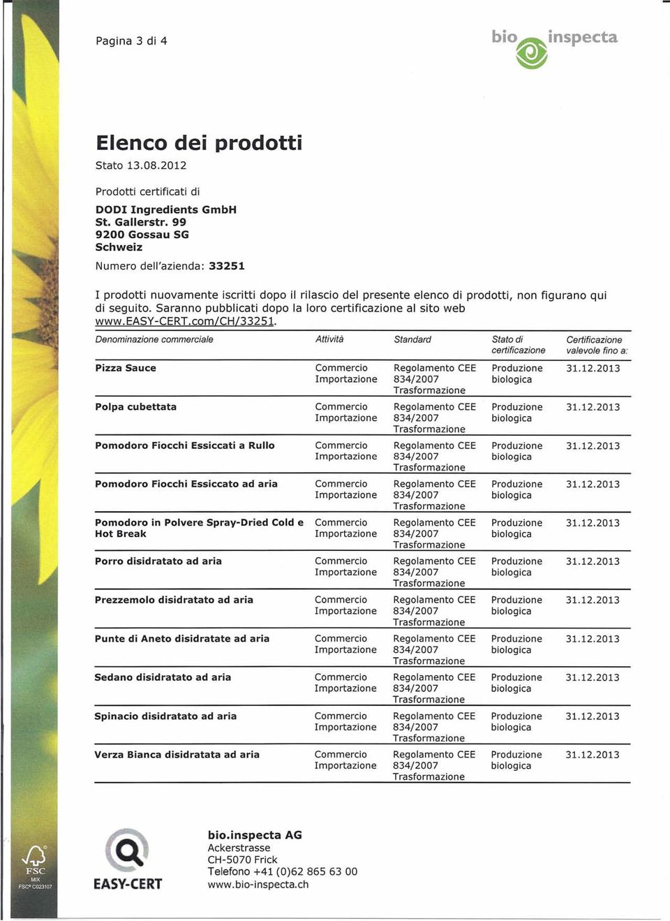 12.2013 Prezzemolo disidratato ad aria Commercio Regolamento CEE Produzione 31.12.2013 Punte di Aneto disidratate ad aria Commercio Regolamento CEE Produzione 31.12.2013 Sedano disidratato ad aria Commercio Regolamento CEE Produzione 31.