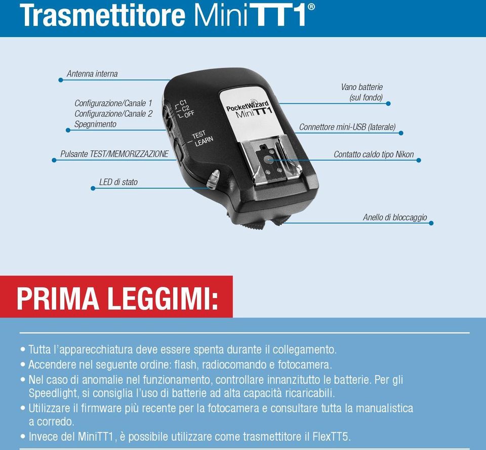 Accendere nel seguente ordine: flash, radiocomando e fotocamera. Nel caso di anomalie nel funzionamento, controllare innanzitutto le batterie.