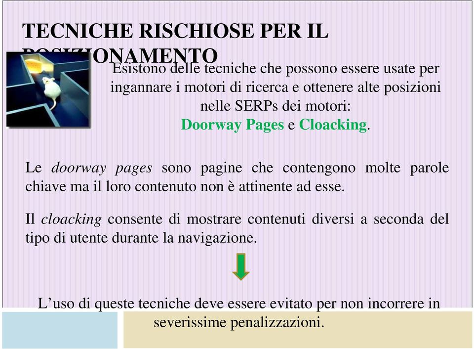 Le doorway pages sono pagine che contengono molte parole chiave ma il loro contenuto non è attinente ad esse.