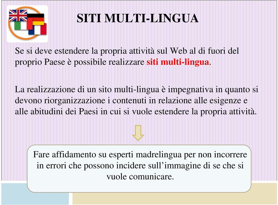 La realizzazione di un sito multi-lingua è impegnativa in quanto si devono riorganizzazione i contenuti in relazione