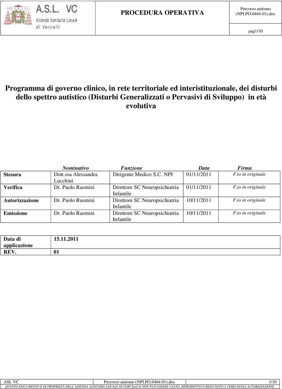 evolutiva Nominativo Funzione Data Firma Stesura Dott.ssa Alessandra Dirigente Medico S.C. NPI 01/11/2011 F.to in originale Lucchini Verifica Dr.